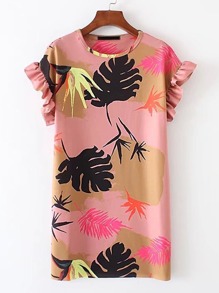 Ruffle Sleeve Tropical Print Dress