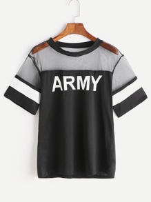 Army Print Contrast Mesh Tee
