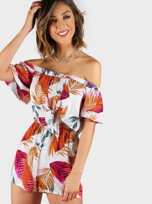 Palm Leaf Print Layered Knot Front Open Back Playsuit