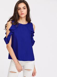 Button Closure Back Drape Ruffle Cold Shoulder Top
