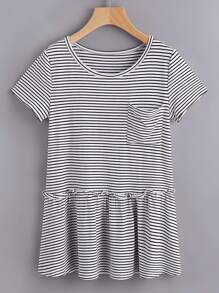 Striped Pocket Front Ruffle Hem Tee