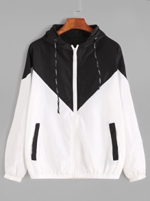 Contrast Drawstring Hooded Zip Up Jacket