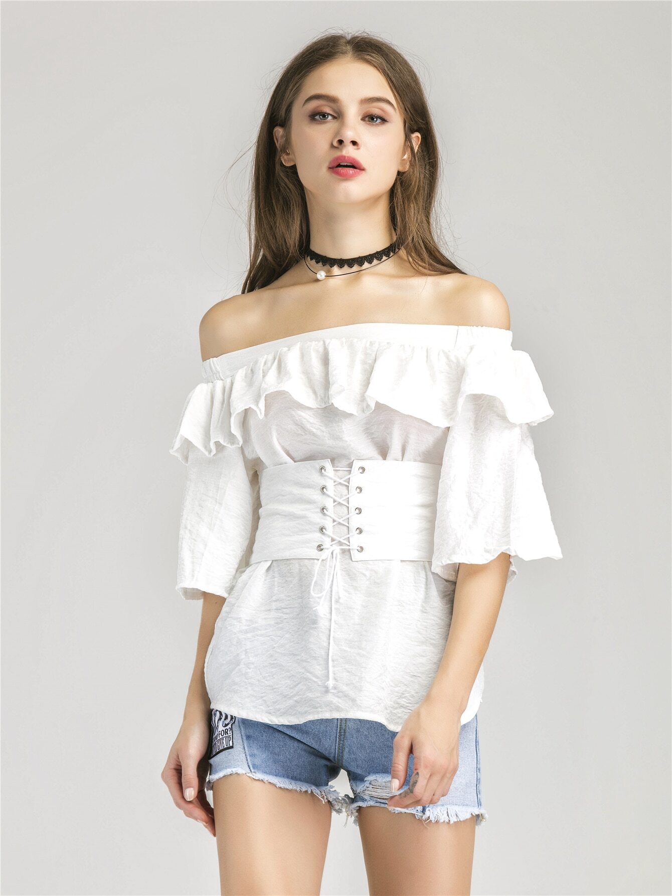 Your Selections The Corset Denim Skirt features a corsetry style waist with lace up detail to the front.