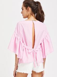 Self Tie Open Back Kimono Sleeve Striped Top