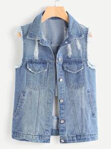 Distressed Single Breasted Denim Vest