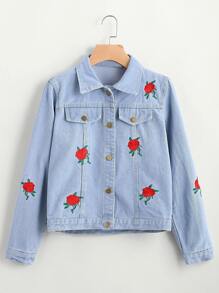 Embroidered Single Breasted Chest Pockets Denim Jacket
