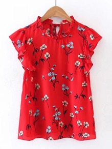 Floral Print Ruffle Trim Tie Back Top