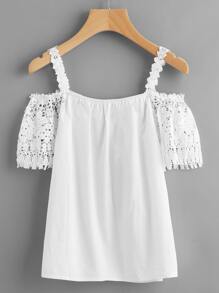 Crochet Lace Insert Cold Shoulder Top