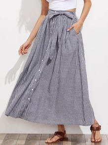 Self Tie Hidden Pocket Detail Button Up Pinstripe Skirt