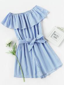 Frill Bardot Self Tie Striped Romper