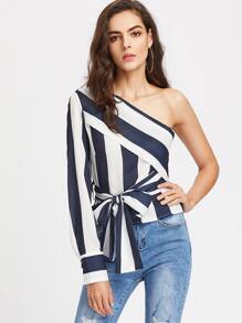 Oblique Shoulder Color Block Top With Bow Tie