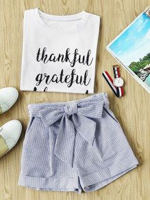 Self Belted Cuffed Striped Shorts