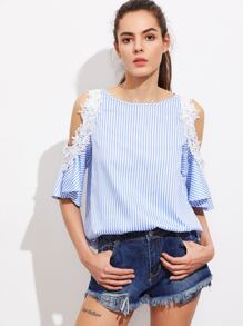 Lace Applique Open Shoulder Keyhole Back Striped Top