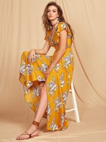 Flutter Sleeve Crisscross Back Surplice Wrap Botanical Dress