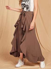 Ruffle Trim Tie Front Wrap Pants