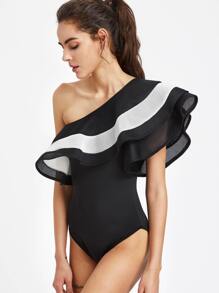 One Shoulder Layered Ruffle Trim Bodysuit