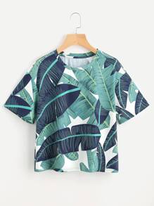 Drop Shoulder Foliage Print T-shirt