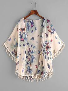 Butterfly Print Fringe Trim Top