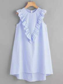 Zip Back Ruffle Yoke Striped Dress