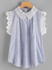 Contrast Scallop Lace Trim Pinstripe Blouse