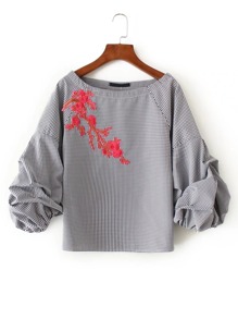 Drop Shoulder Seam Grid Embroidery Blouse