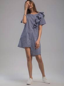Gingham Frill Trim Tie Back Asymmetrical Hem Dress