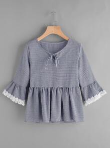 Gingham Bell Sleeve Lace Trim Smock Top