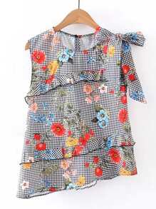 Frill Trim Grid Asymmetrical Top With Bow Tie