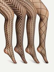 Laser Cut & Geometric Pattern Tights 4 Pairs