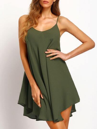 Army Green Asymmetrical Criss Cross Back Spaghetti Strap Sundress pictures