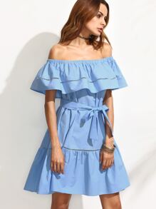 Blue Tie Waist Hollow Insert Ruffle Off The Shoulder Dress