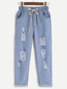 Blue Ripped Drawstring Denim Pants
