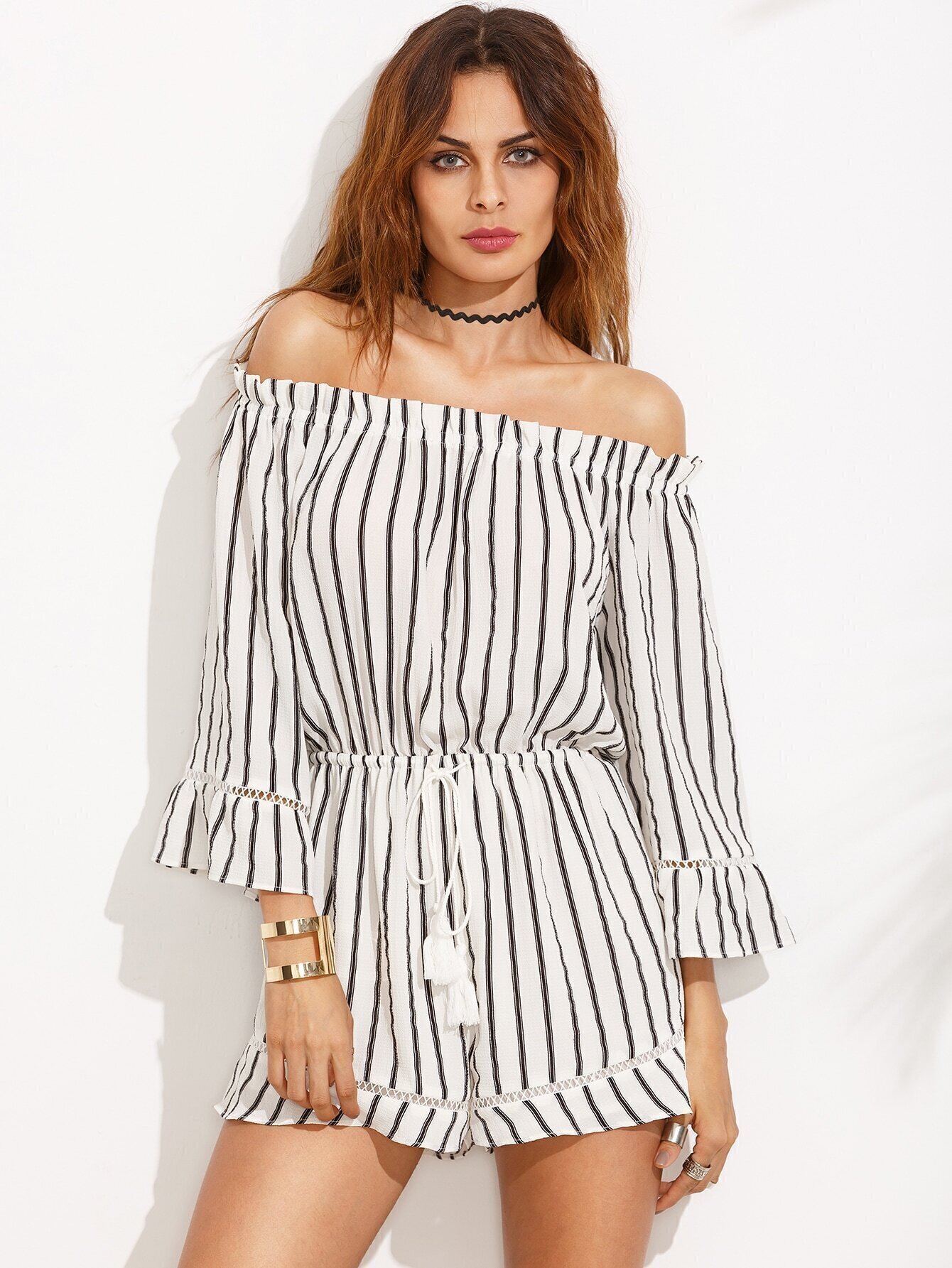 black and white striped off the shoulder jumpsuit
