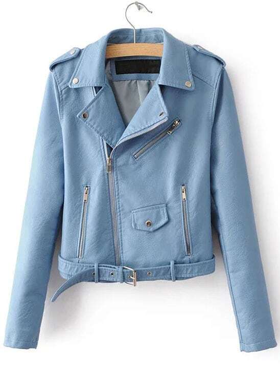 Blue Faux Leather Moto Jacket With Zipper Emmacloth Women Fast Blue Faux Leather Moto Jacket With Zipper Pictures