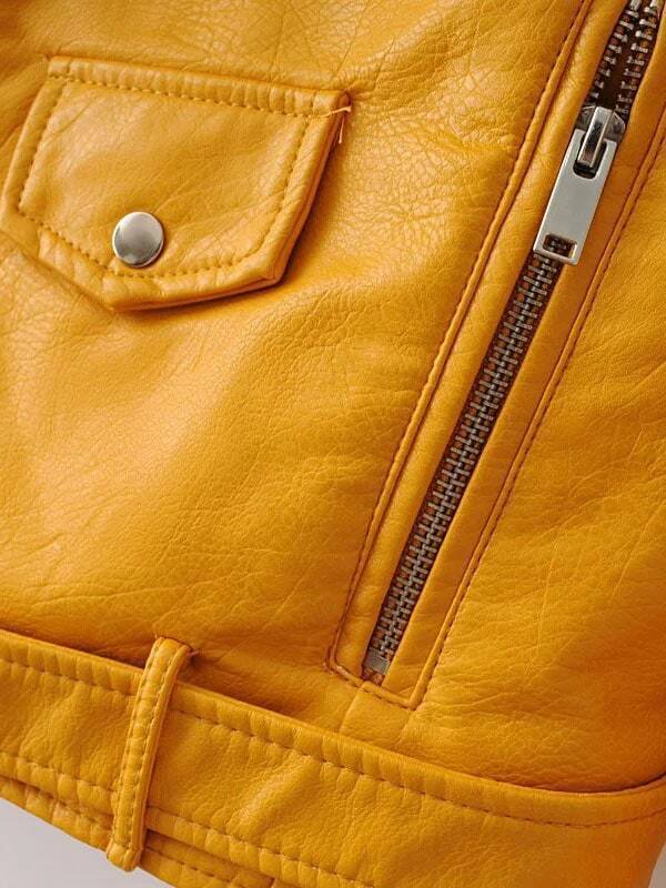 Yellow Faux Leather Belted Moto Jacket With Zipper Emmacloth Women Yellow Faux Leather Belted Moto Jacket With Zipper Emmacloth Women Fast Fashion