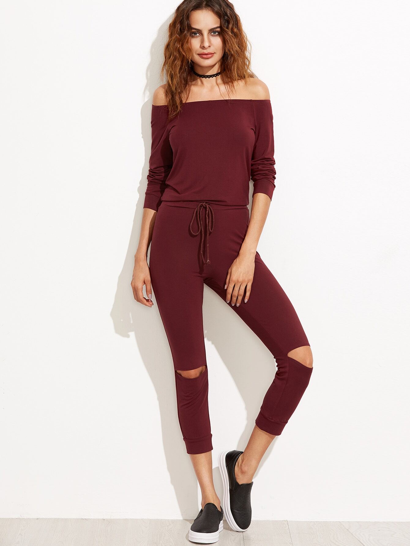 burgundy off the shoulder jumpsuit