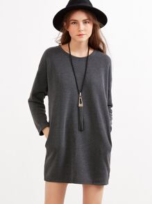 Grey Drop Shoulder Pockets Shift Dress