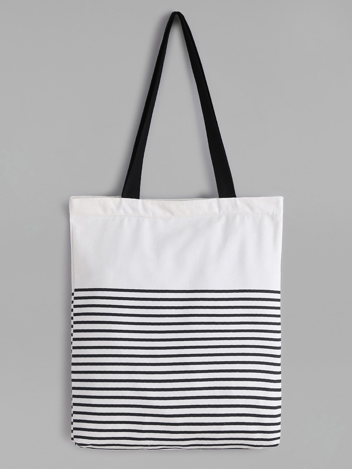 White Striped Canvas Tote Bag With Black Strap Emmacloth Women Fast White Striped Canvas Tote Bag With Black Strap Pictures