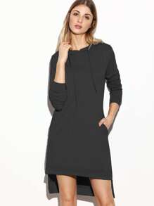 Black Hooded Slit Side High Low Sweatshirt Dress