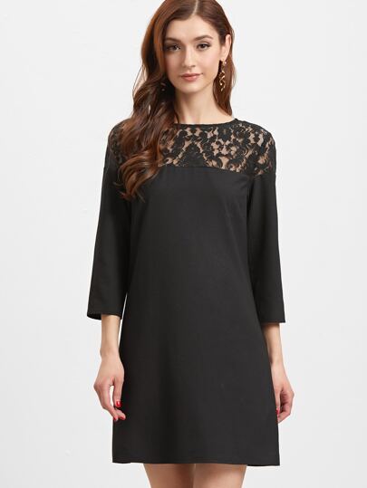 Black Sheer Floral Lace Yoke Buttoned Keyhole Tunic Dress