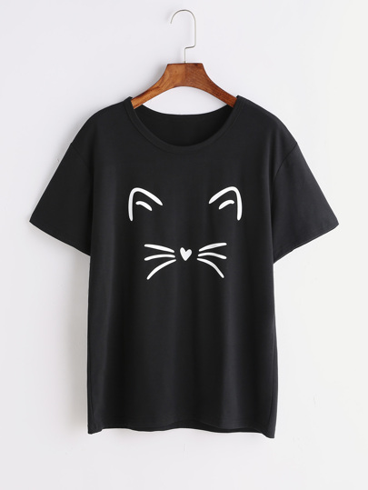 Black Cat Print T-shirt