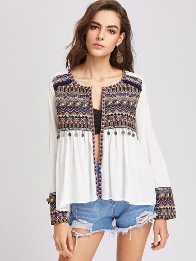 tribal embroidered dip hem smock top