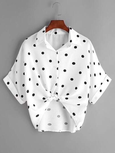 Textured Dots Knot Front Cuffed Blouse